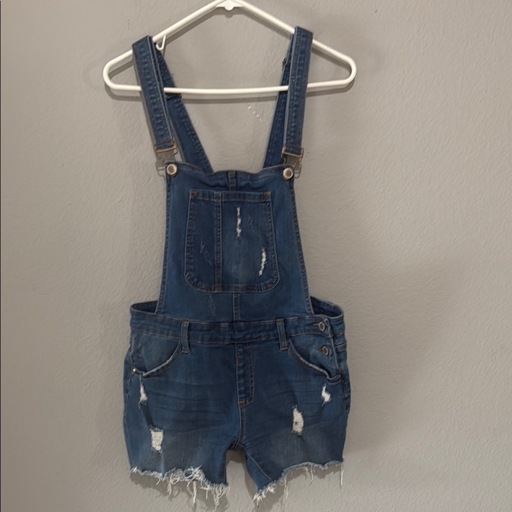 Denim Blue Distressed Short Overalls